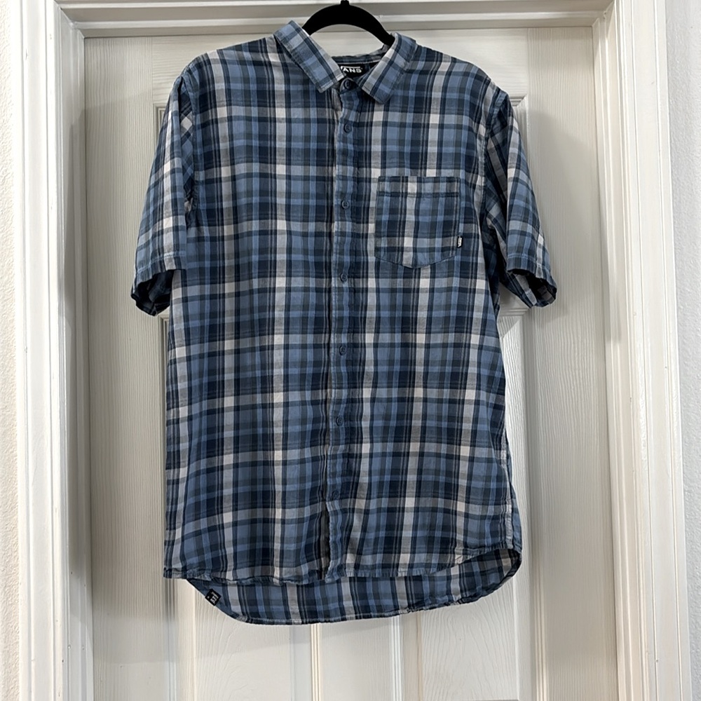 Vans Off the Wall Shirt - Mens Large Blue Plaid Short Sleeve Button Down Skater